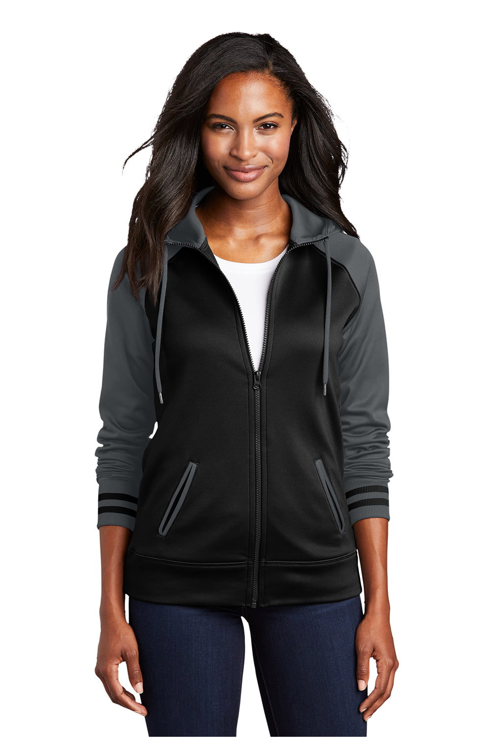 Sport-Tek LST236 Womens Sport-Wick Moisture Wicking Fleece Hooded Sweatshirt Hoodie Black/Dark Smoke Grey Model Front