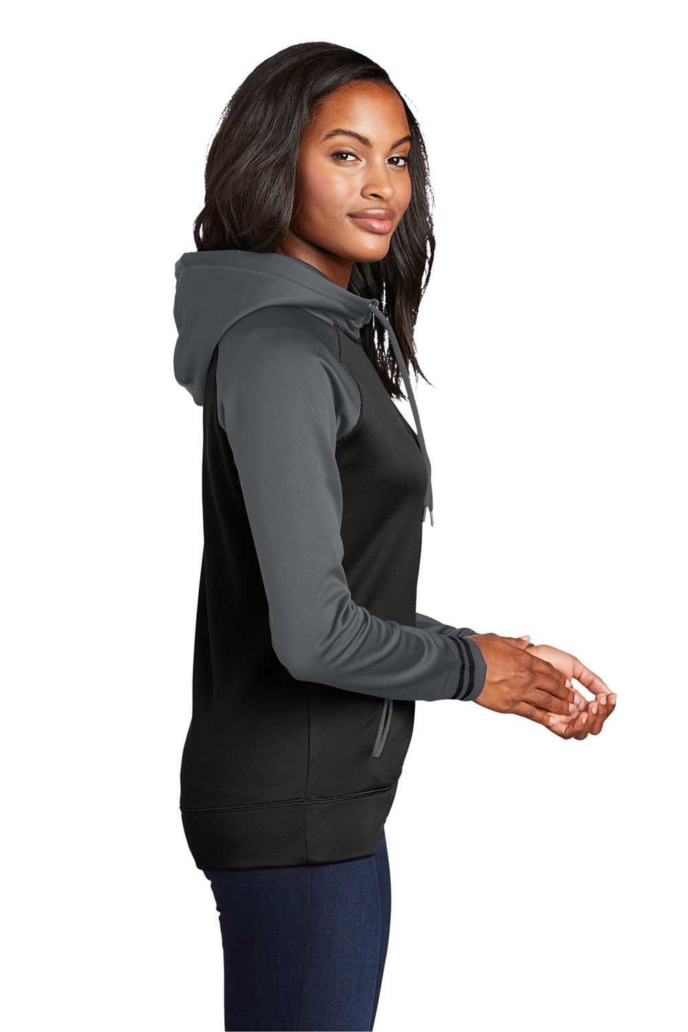 Sport-Tek LST236 Womens Sport-Wick Moisture Wicking Fleece Hooded Sweatshirt Hoodie Black/Dark Smoke Grey Model Side