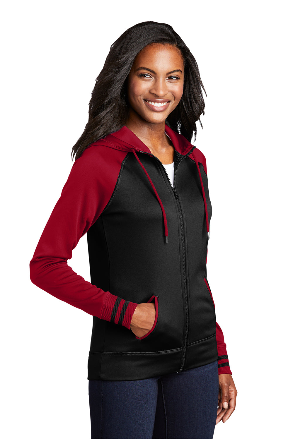 Sport-Tek LST236 Womens Sport-Wick Moisture Wicking Fleece Hooded Sweatshirt Hoodie Black/Deep Red Model 3q