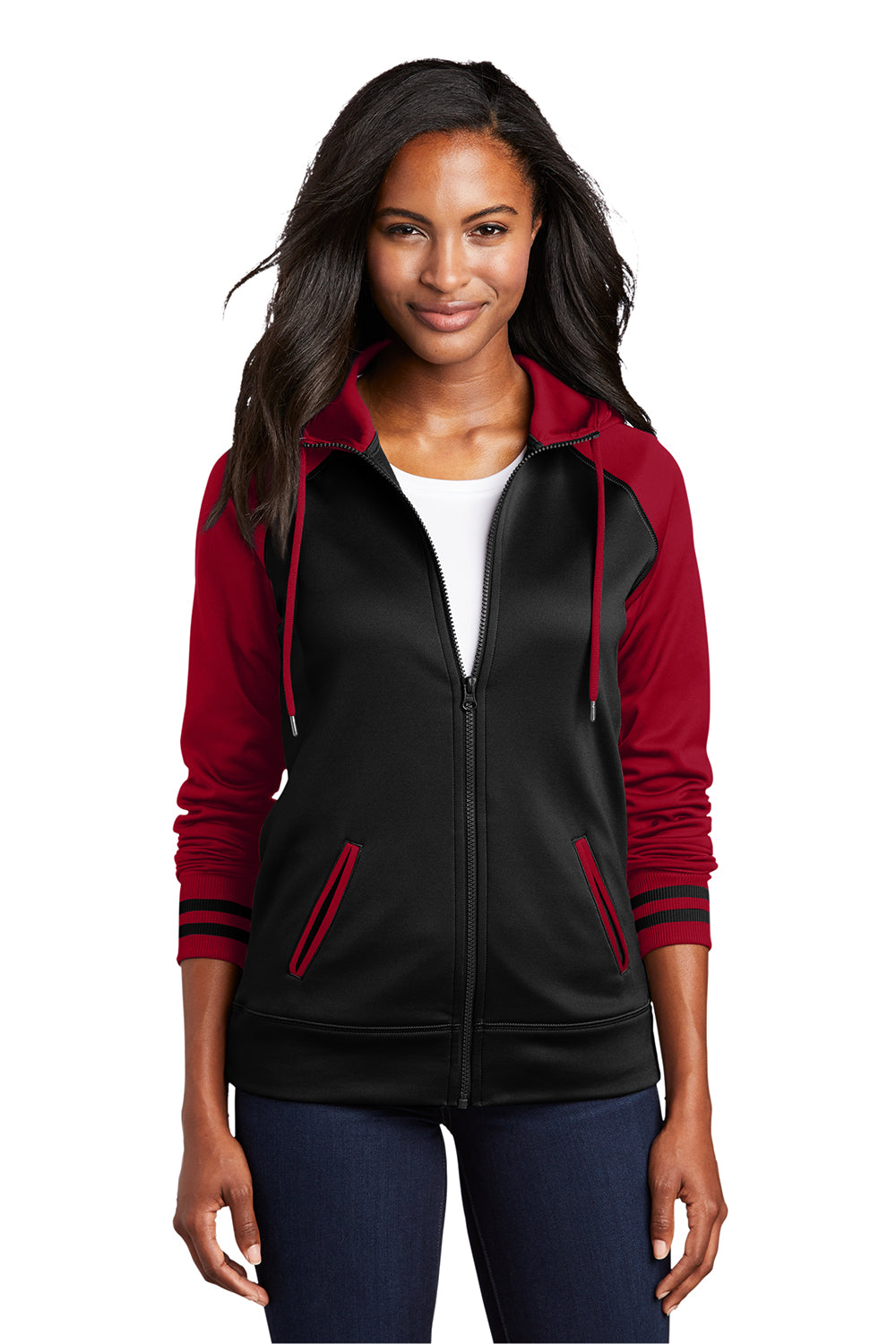 Sport-Tek LST236 Womens Sport-Wick Moisture Wicking Fleece Hooded Sweatshirt Hoodie Black/Deep Red Model Front