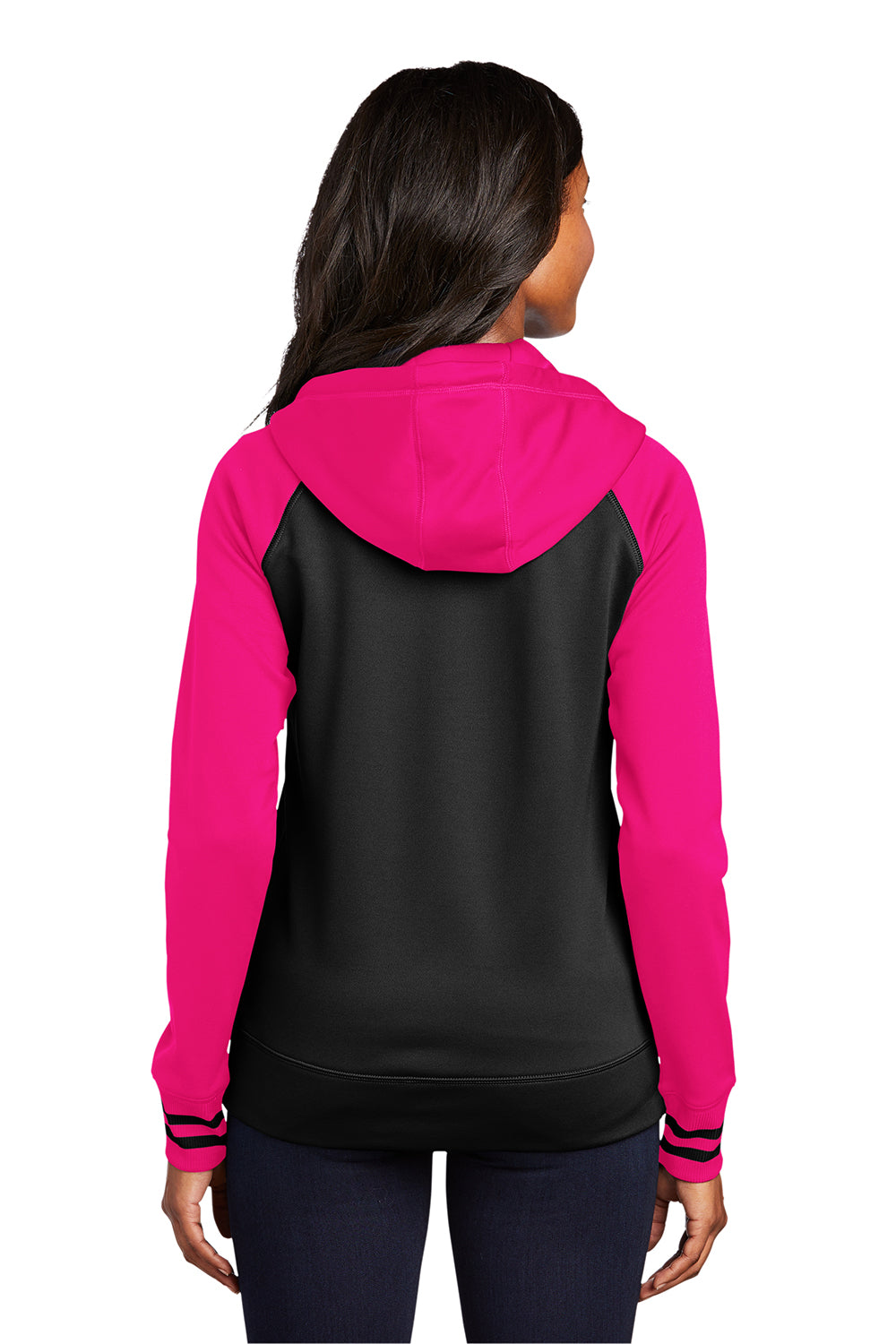 Sport-Tek LST236 Womens Sport-Wick Moisture Wicking Fleece Hooded Sweatshirt Hoodie Black/Neon Pink Model Back