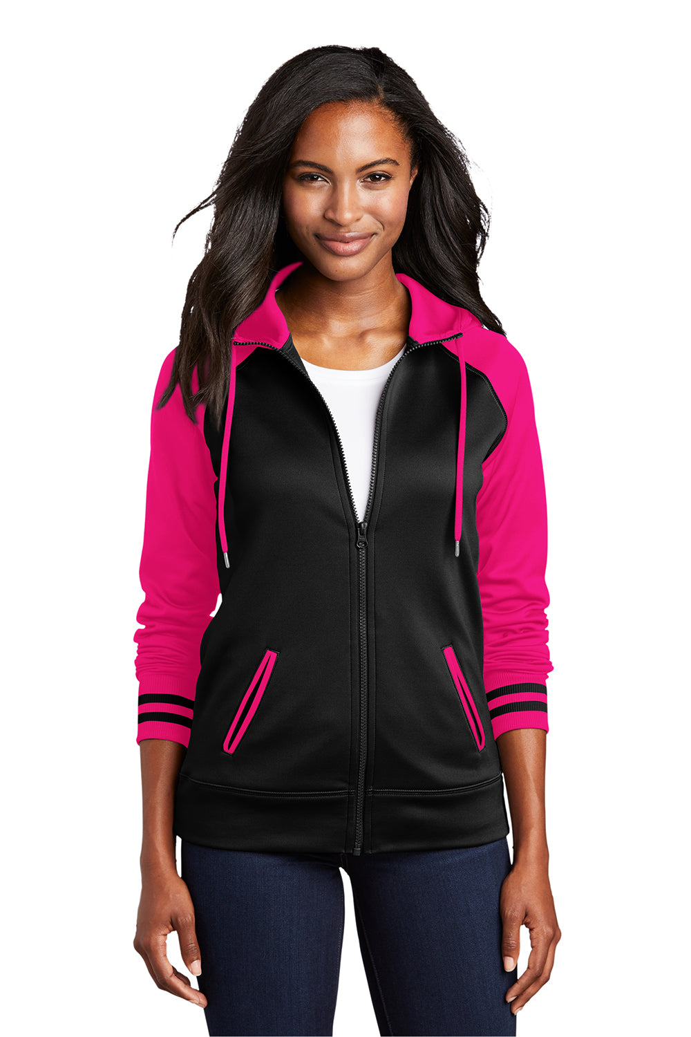 Sport Tek LST236 Ladies Sport Wick Varsity Fleece Full Zip Hooded Jacket Xs Black Neon Pink