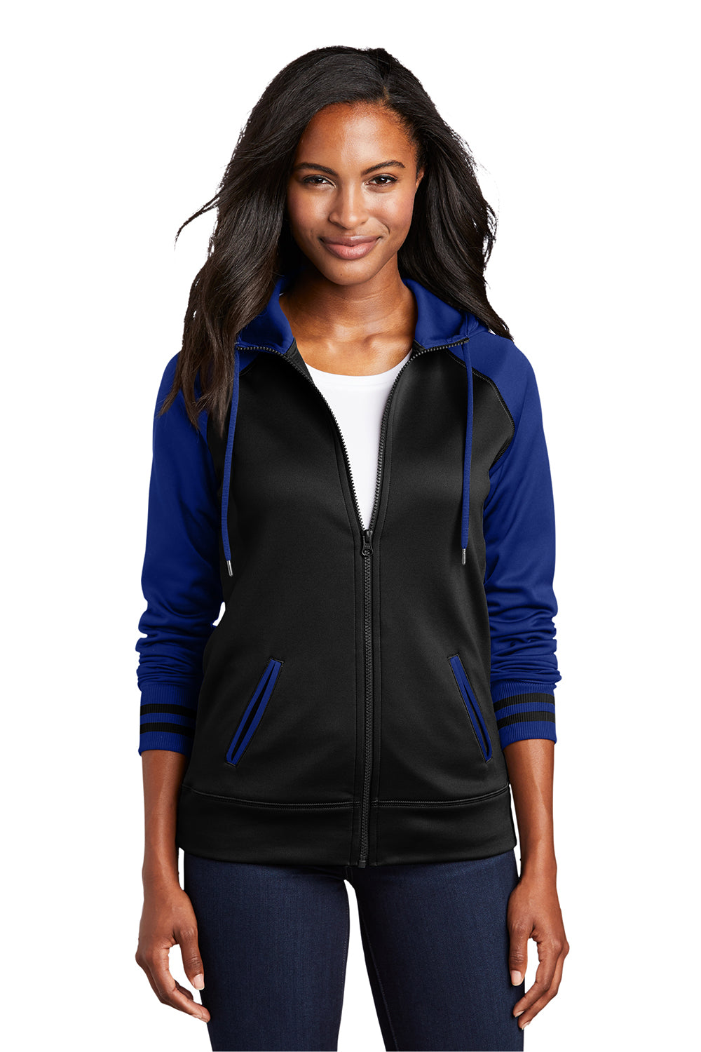 Sport-Tek LST236 Womens Sport-Wick Moisture Wicking Fleece Hooded Sweatshirt Hoodie Black/True Royal Blue Model Front