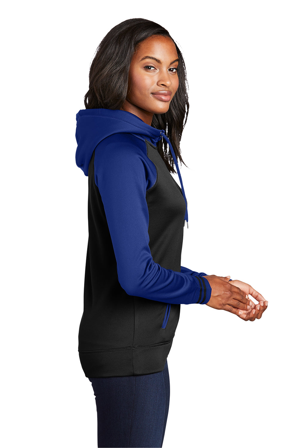 Sport-Tek LST236 Womens Sport-Wick Moisture Wicking Fleece Hooded Sweatshirt Hoodie Black/True Royal Blue Model Side