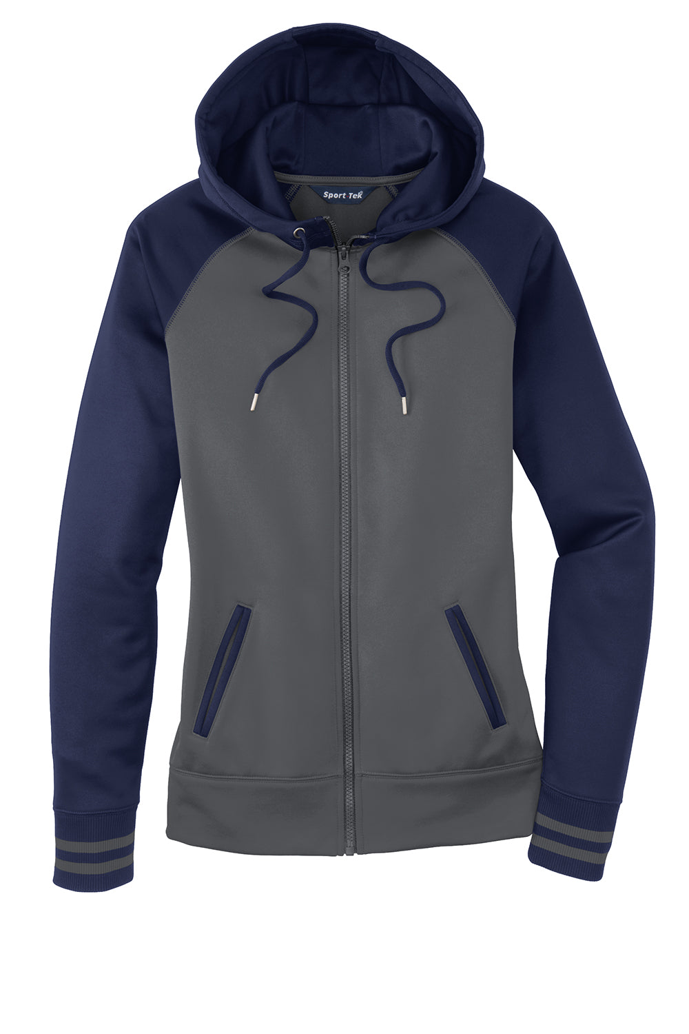 Sport-Tek LST236 Womens Sport-Wick Moisture Wicking Fleece Hooded Sweatshirt Hoodie Dark Smoke Grey/Navy Blue Flat Front