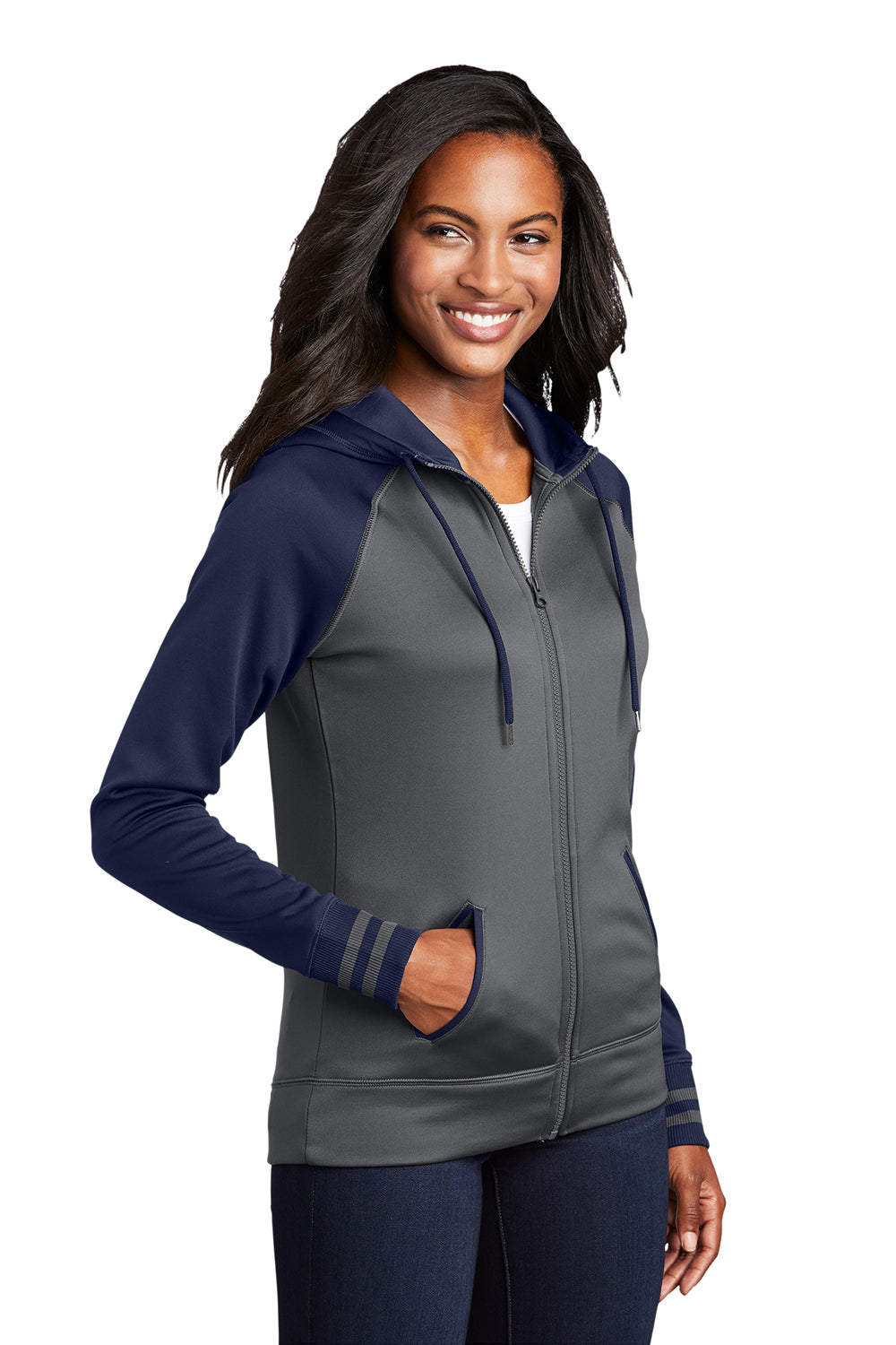 Sport-Tek LST236 Womens Sport-Wick Moisture Wicking Fleece Hooded Sweatshirt Hoodie Dark Smoke Grey/Navy Blue Model 3q