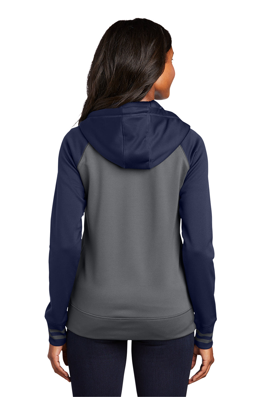 Sport-Tek LST236 Womens Sport-Wick Moisture Wicking Fleece Hooded Sweatshirt Hoodie Dark Smoke Grey/Navy Blue Model Back