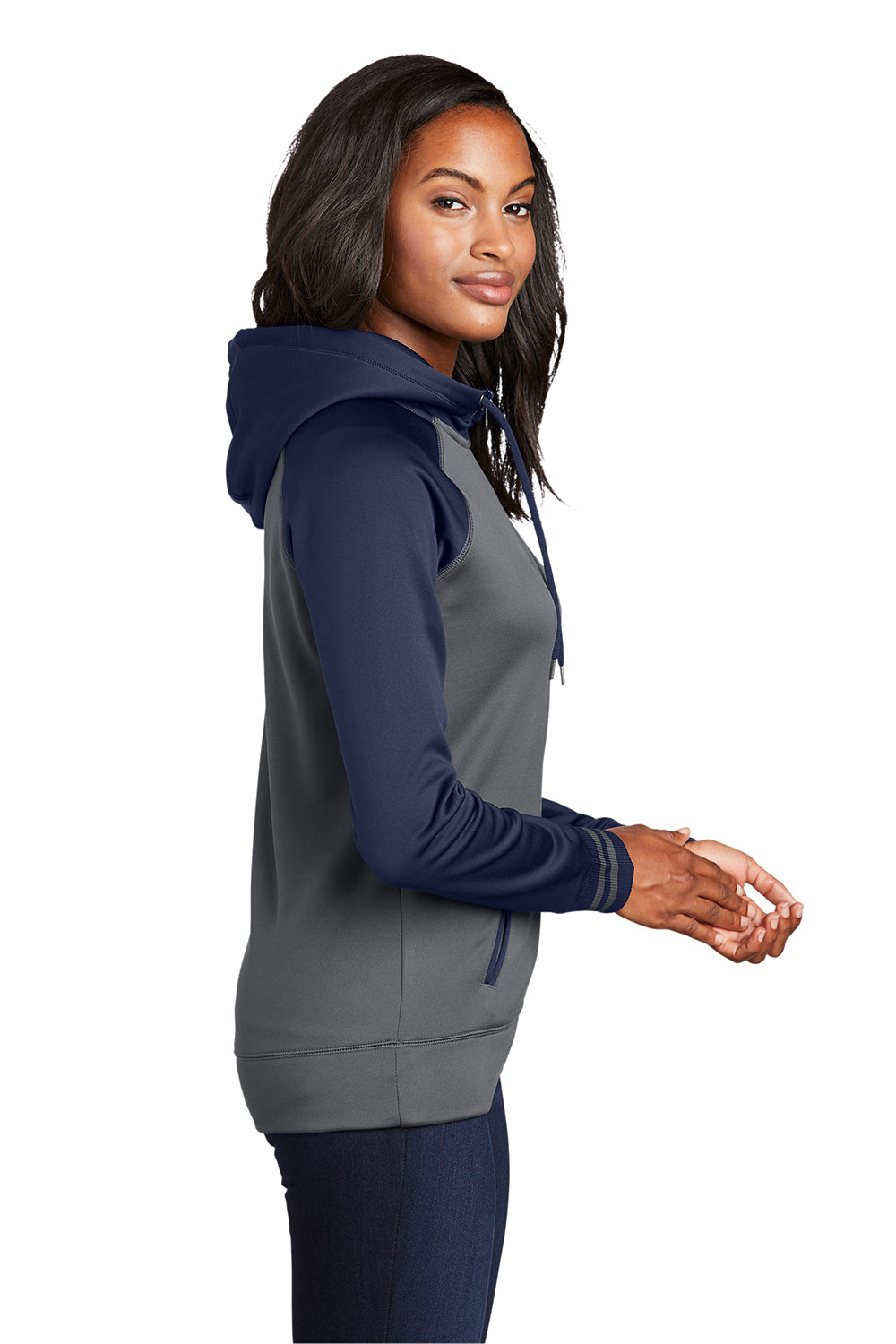 Sport-Tek LST236 Womens Sport-Wick Moisture Wicking Fleece Hooded Sweatshirt Hoodie Dark Smoke Grey/Navy Blue Model Side