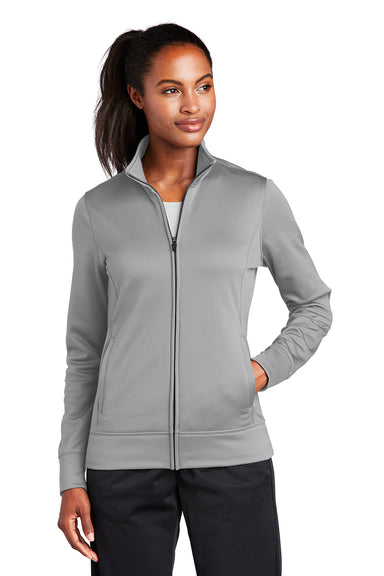 Sport-Tek LST241 Womens Sport-Wick Moisture Wicking Fleece Full Zip Sweatshirt Silver Grey Model Front