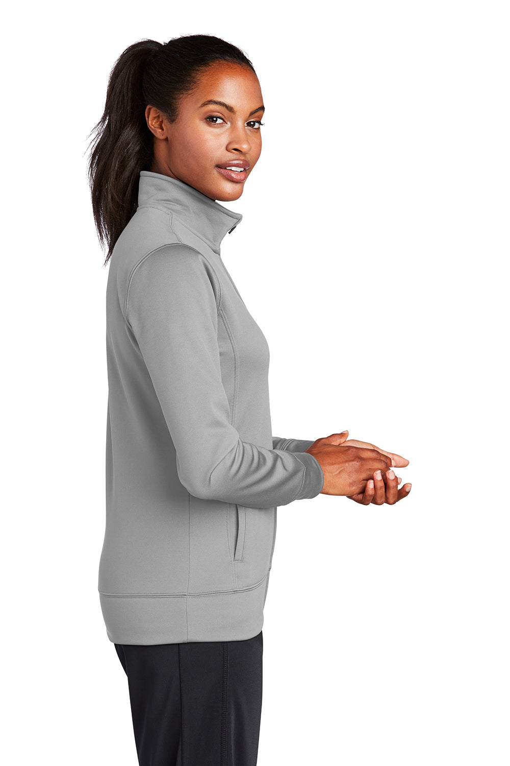 Sport-Tek LST241 Womens Sport-Wick Moisture Wicking Fleece Full Zip Sweatshirt Silver Grey Model Side