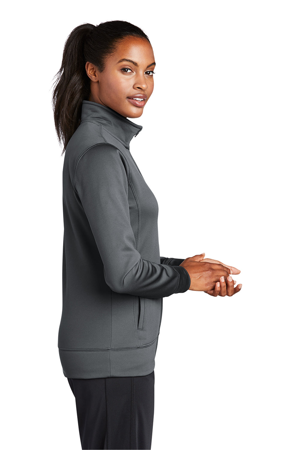 Sport-Tek LST241 Womens Sport-Wick Moisture Wicking Fleece Full Zip Sweatshirt Dark Smoke Grey Model Side