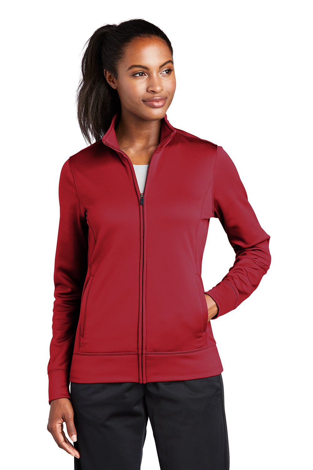 Sport-Tek LST241 Womens Sport-Wick Moisture Wicking Fleece Full Zip Sweatshirt Deep Red Model Front