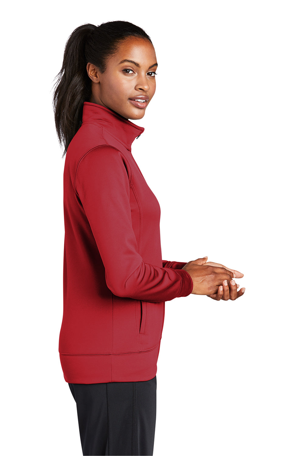 Sport-Tek LST241 Womens Sport-Wick Moisture Wicking Fleece Full Zip Sweatshirt Deep Red Model Side