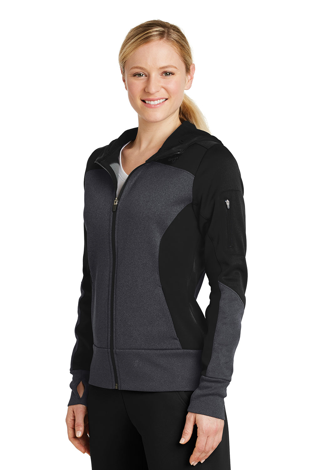 Sport-Tek LST245 Womens Moisture Wicking Full Zip Tech Fleece Hooded Jacket Black/Heather Graphite Grey Model 3q