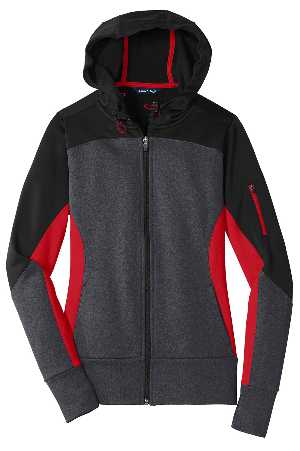 Sport-Tek LST245 Womens Moisture Wicking Full Zip Tech Fleece Hooded Jacket Black/Heather Graphite Grey/True Red Flat Front