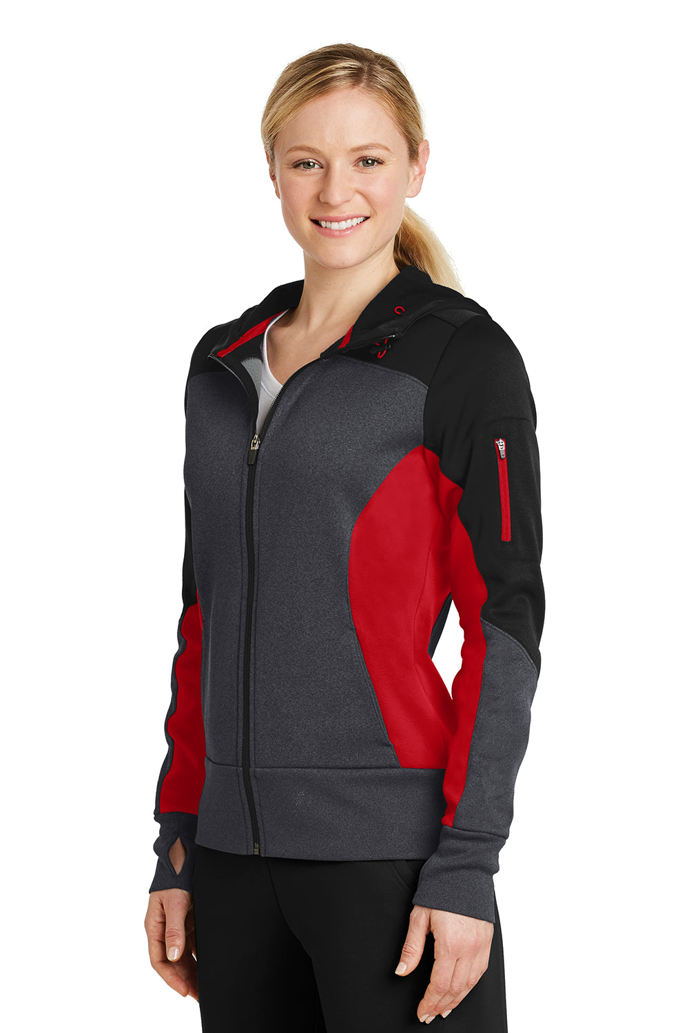 Sport-Tek LST245 Womens Moisture Wicking Full Zip Tech Fleece Hooded Jacket Black/Heather Graphite Grey/True Red Model 3q