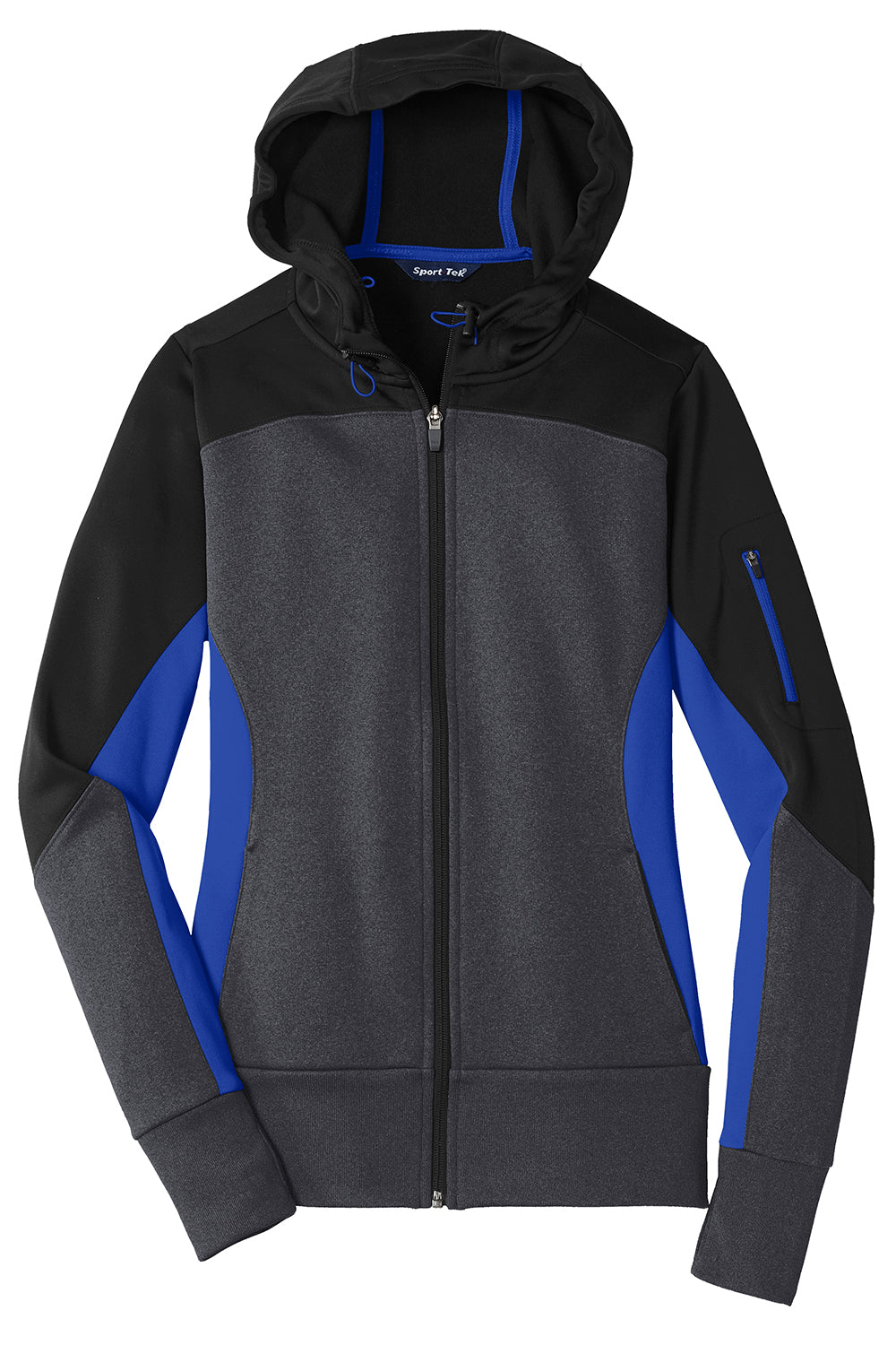 Sport-Tek LST245 Womens Moisture Wicking Full Zip Tech Fleece Hooded Jacket Black/Heather Graphite Grey/True Royal Blue Flat Front