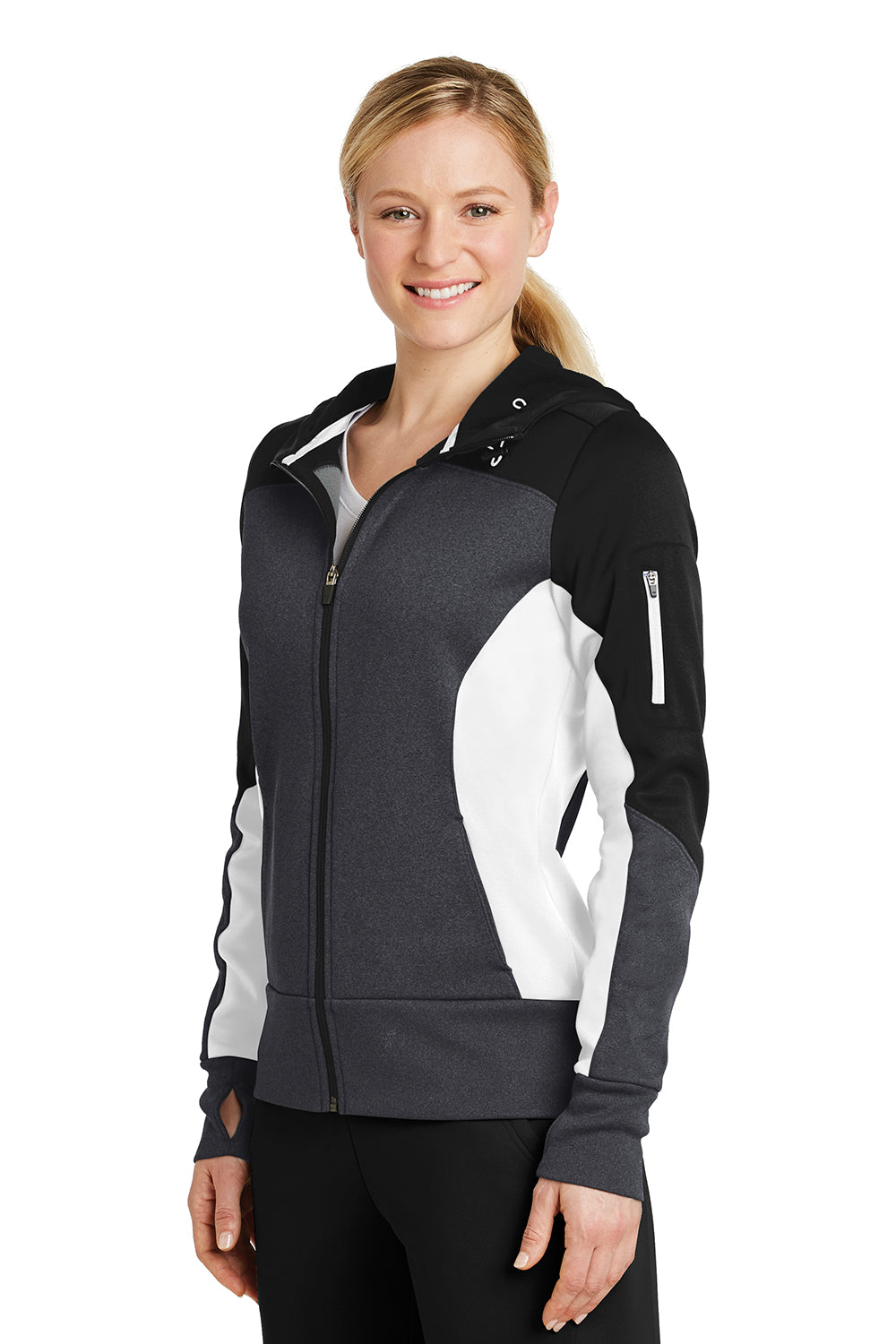 Sport-Tek LST245 Womens Moisture Wicking Full Zip Tech Fleece Hooded Jacket Black/Heather Graphite Grey/White Model 3q