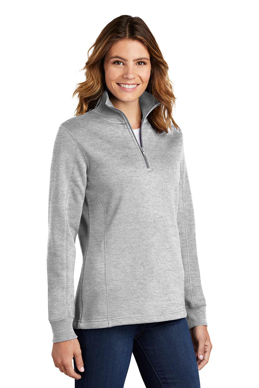 Sport-Tek LST253 Womens Shrink Resistant Fleece 1/4 Zip Sweatshirt Heather Grey Model 3q