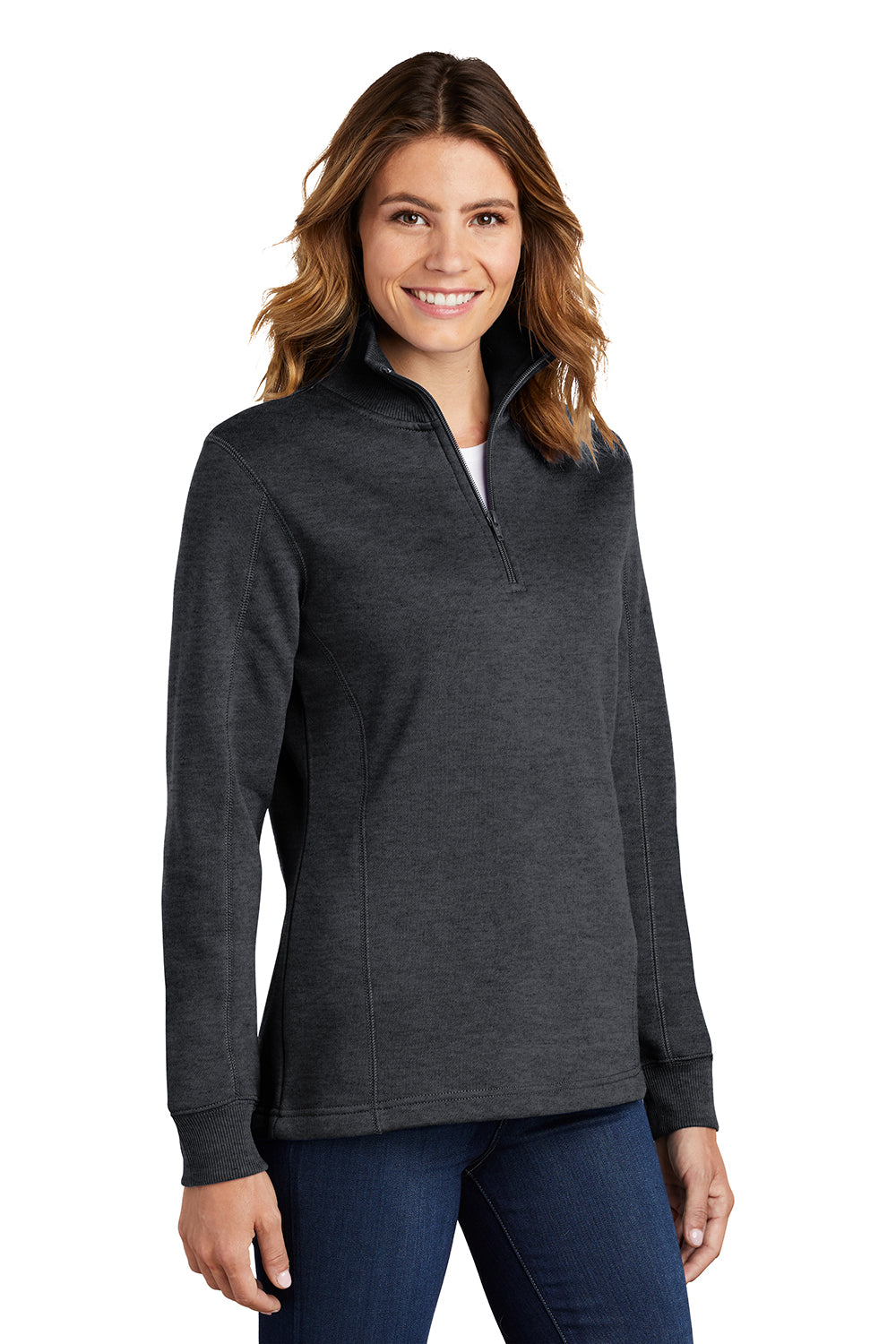 Sport-Tek LST253 Womens Shrink Resistant Fleece 1/4 Zip Sweatshirt Heather Graphite Grey Model 3q