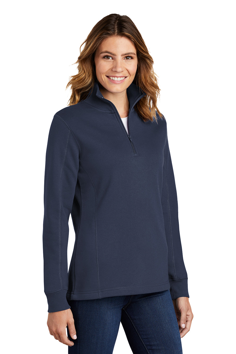 Sport-Tek LST253 Womens Shrink Resistant Fleece 1/4 Zip Sweatshirt True Navy Blue Model 3q