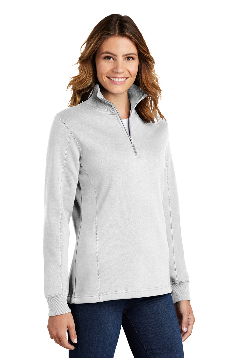 Sport-Tek LST253 Womens Shrink Resistant Fleece 1/4 Zip Sweatshirt White Model 3q