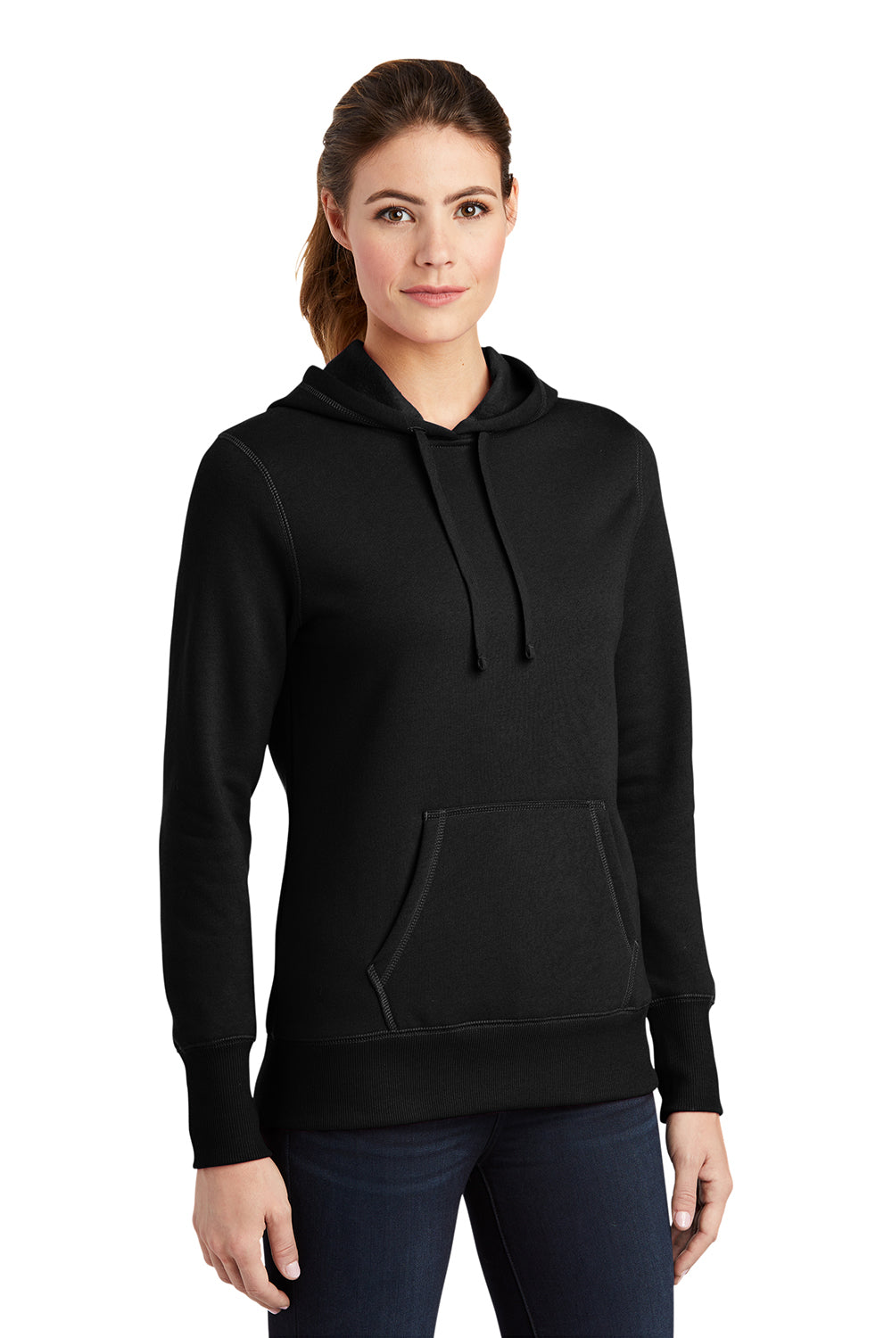 Sport-Tek LST254 Womens Shrink Resistant Fleece Hooded Sweatshirt Hoodie Black Model 3q