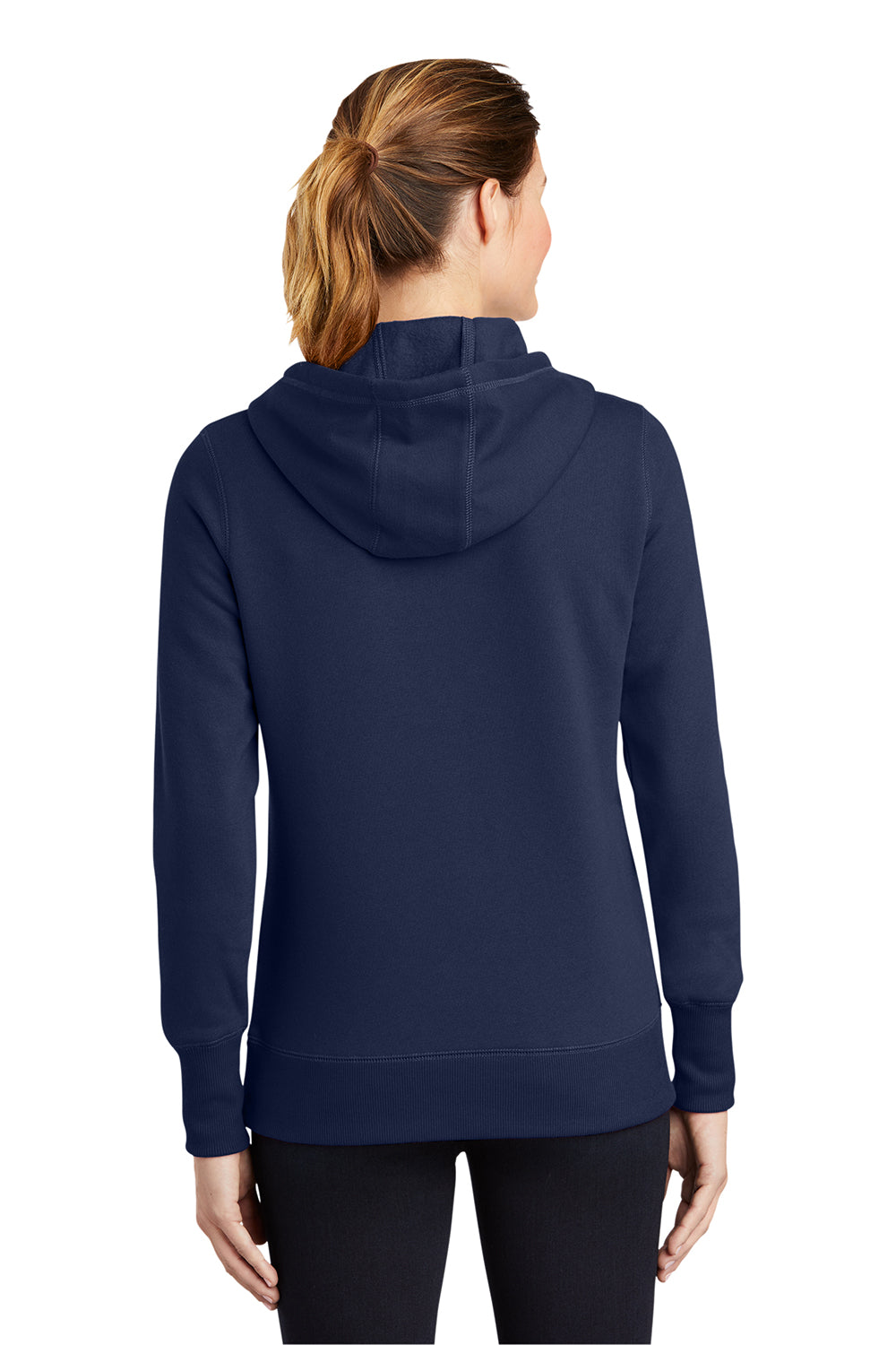 Sport-Tek LST254 Womens Shrink Resistant Fleece Hooded Sweatshirt Hoodie True Navy Blue Model Back