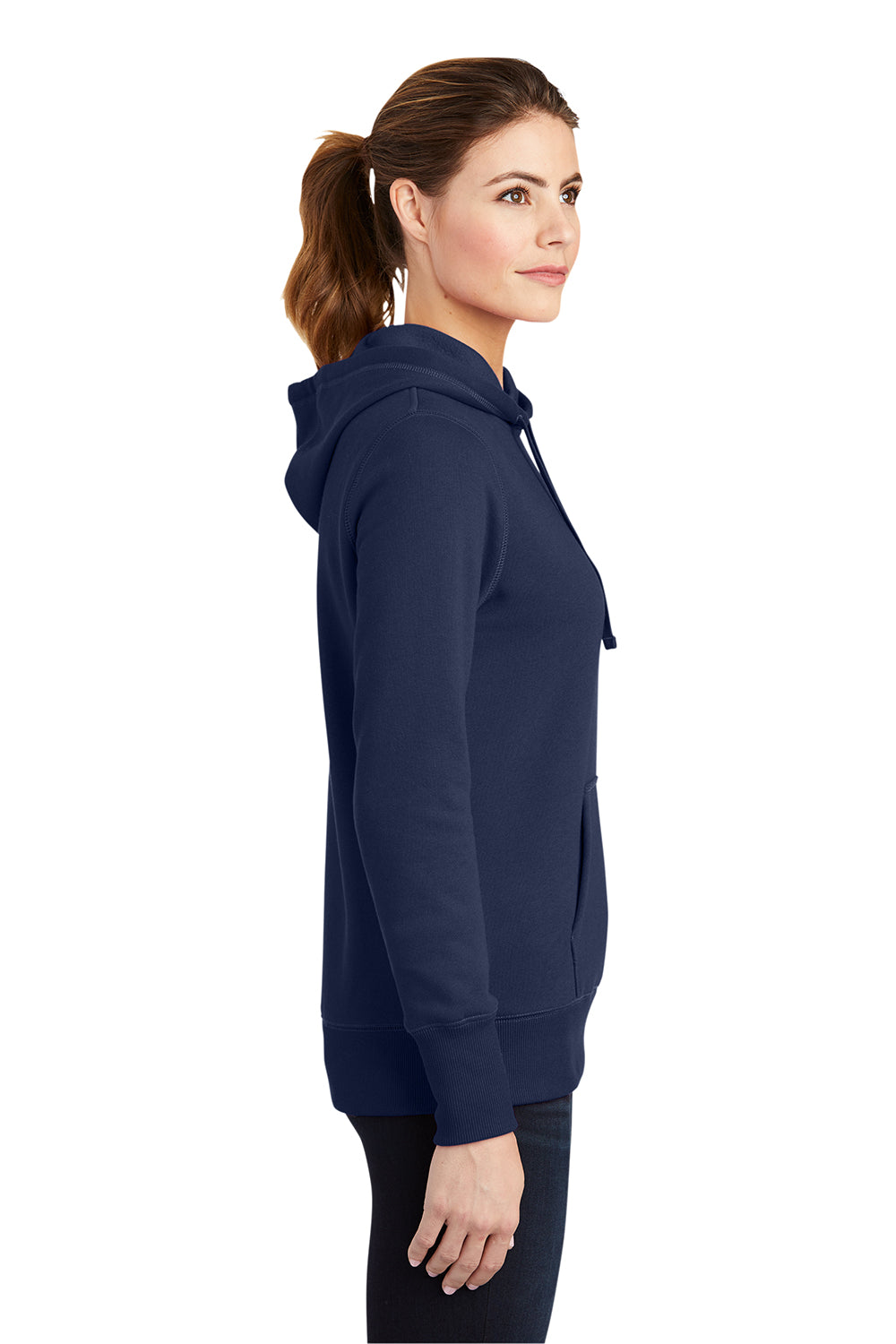 Sport-Tek LST254 Womens Shrink Resistant Fleece Hooded Sweatshirt Hoodie True Navy Blue Model Side