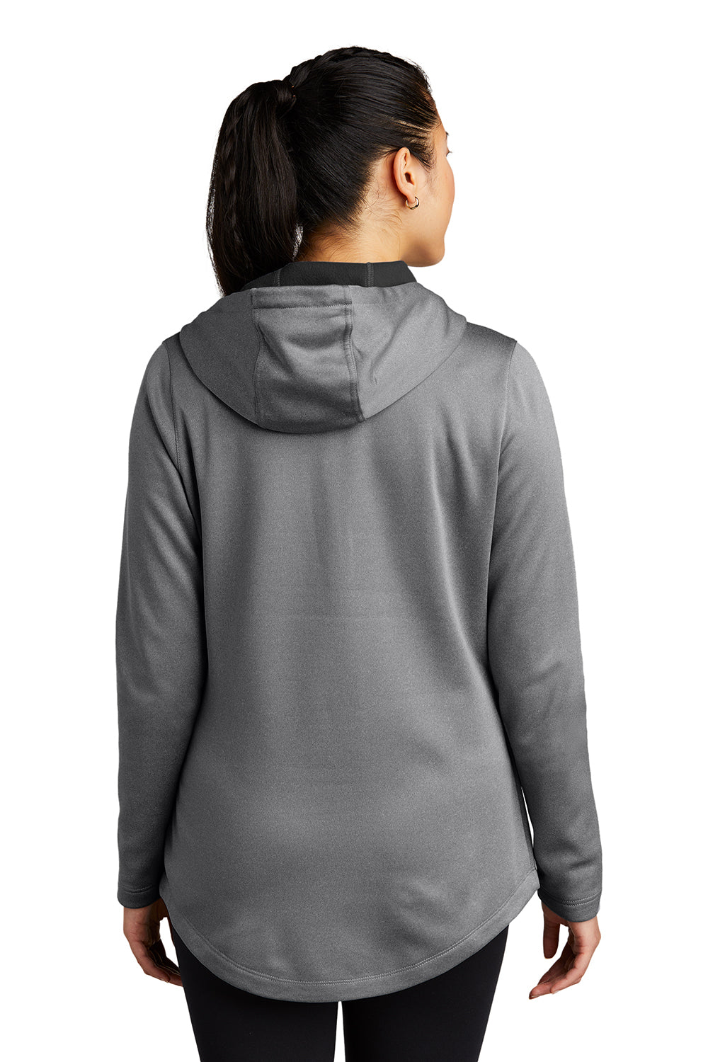 Sport-Tek LST264 Womens Heather Sport-Wick Moisture Wicking Fleece Hooded Sweatshirt Hoodie Heather Black Model Back