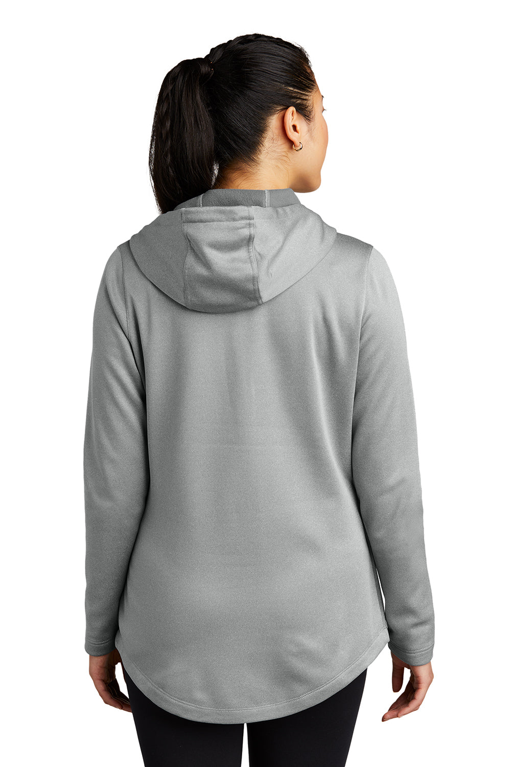 Sport-Tek LST264 Womens Heather Sport-Wick Moisture Wicking Fleece Hooded Sweatshirt Hoodie Heather Dark Silver Grey Model Back