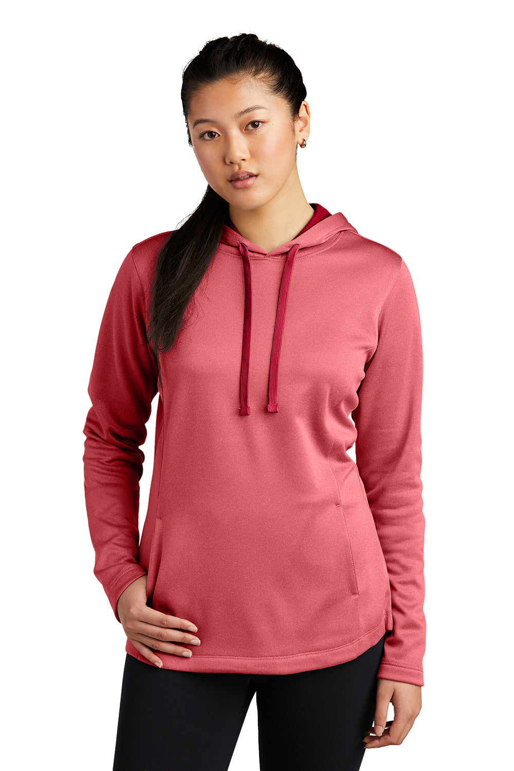 Sport-Tek LST264 Womens Heather Sport-Wick Moisture Wicking Fleece Hooded Sweatshirt Hoodie Heather Deep Red Model Front