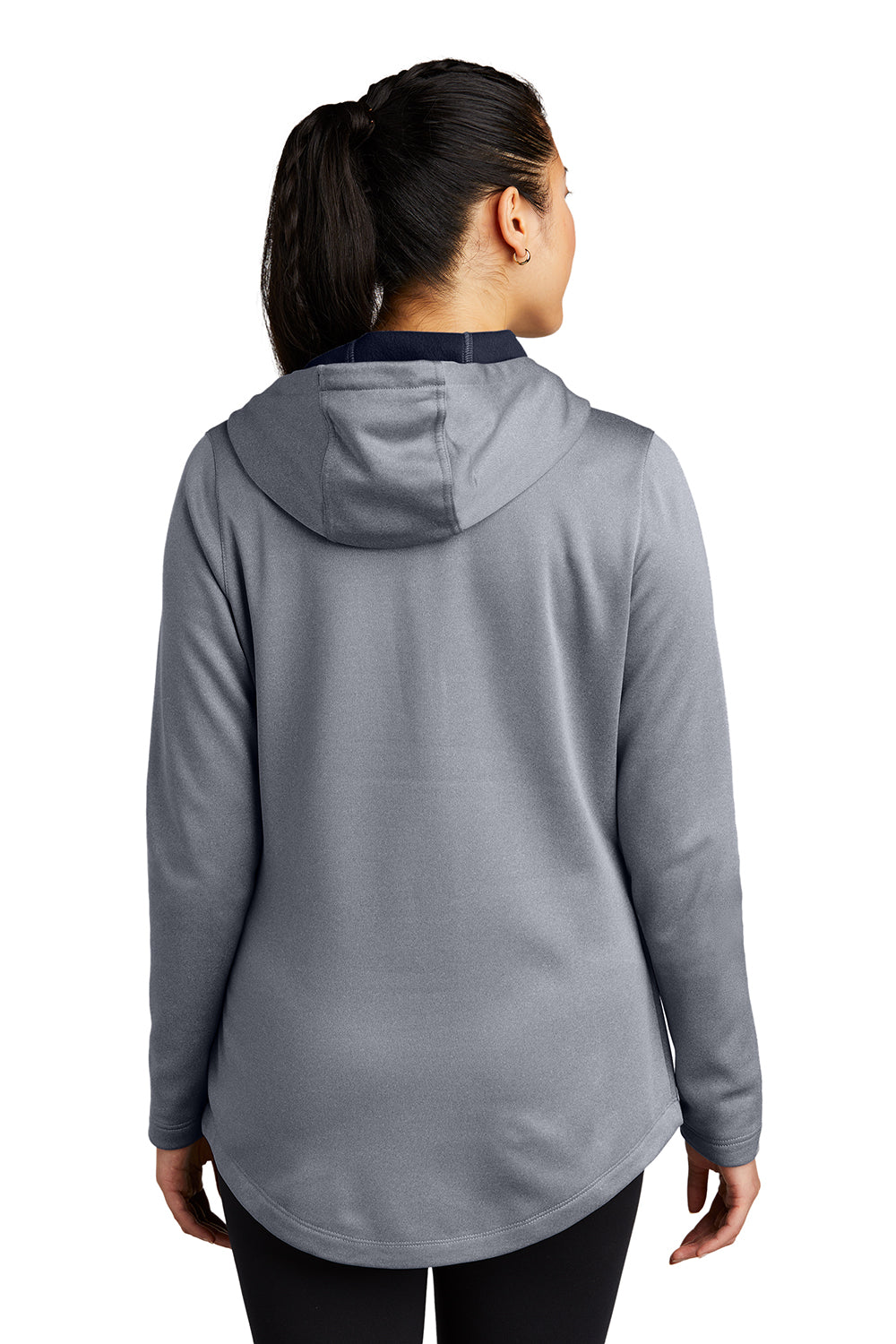 Sport-Tek LST264 Womens Heather Sport-Wick Moisture Wicking Fleece Hooded Sweatshirt Hoodie Heather True Navy Blue Model Back