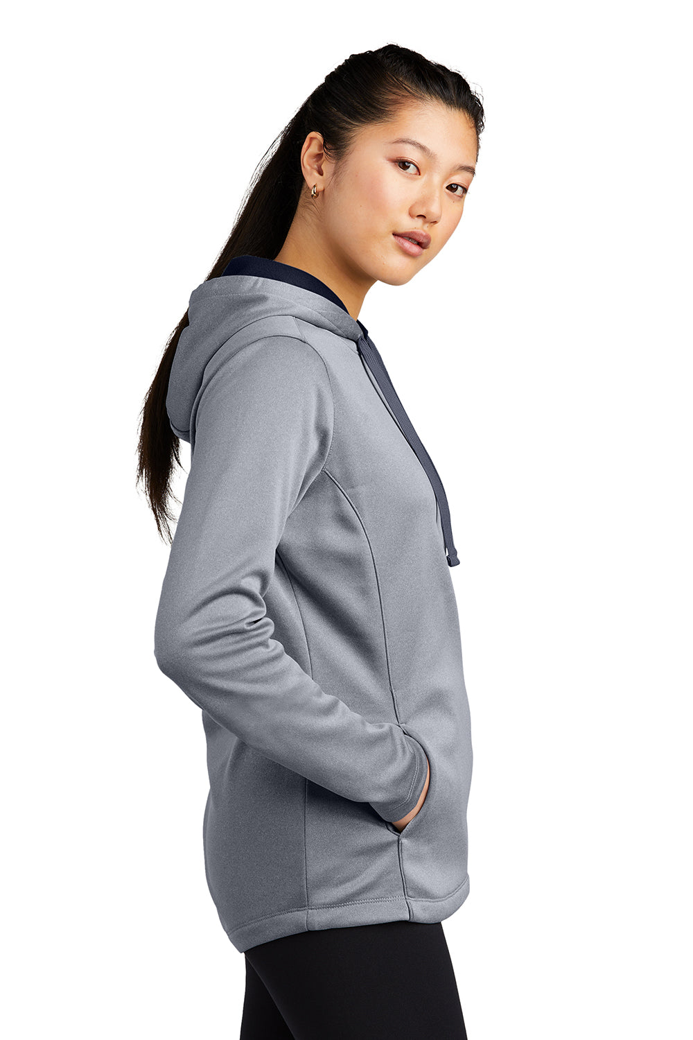 Sport-Tek LST264 Womens Heather Sport-Wick Moisture Wicking Fleece Hooded Sweatshirt Hoodie Heather True Navy Blue Model Side