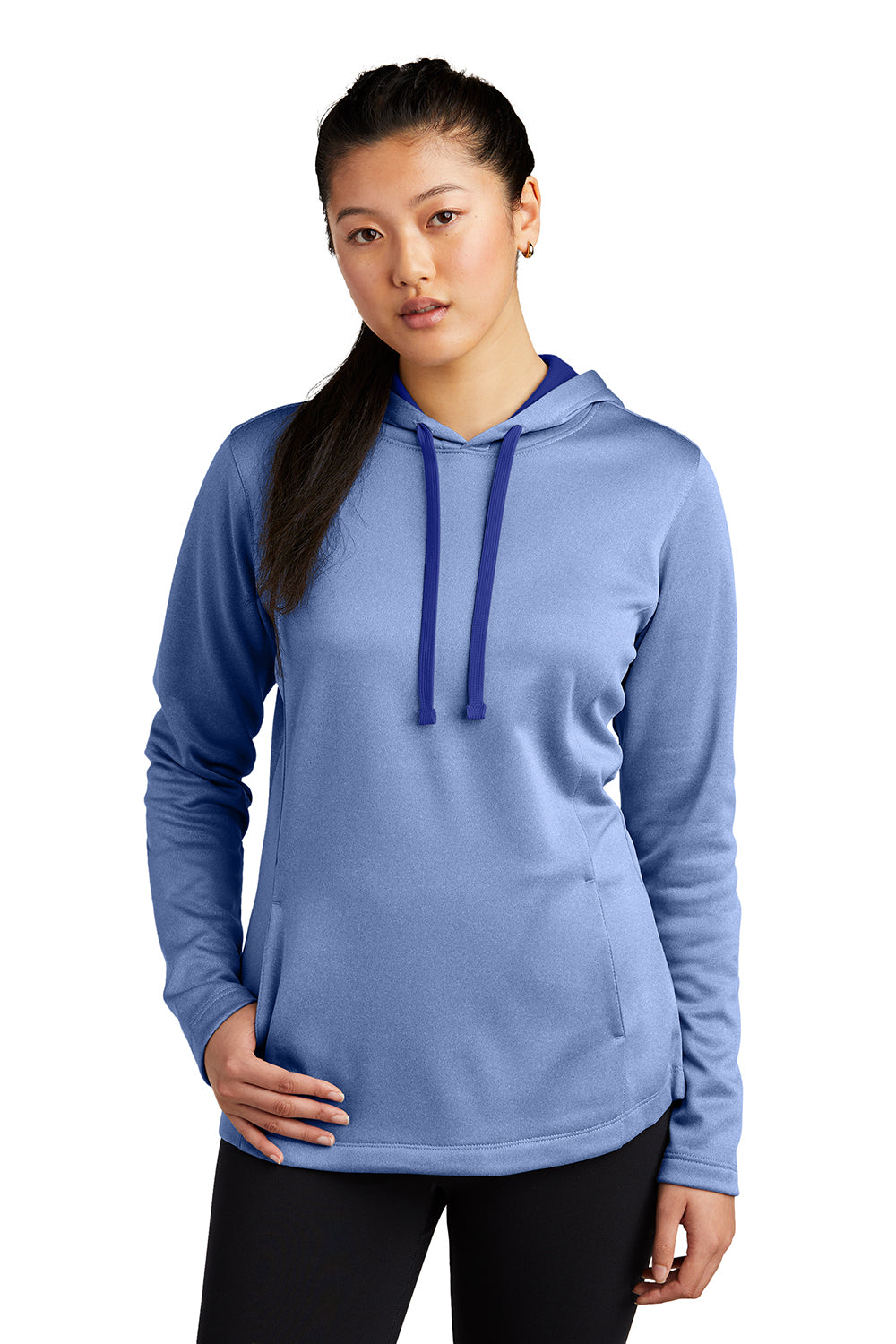 Sport-Tek LST264 Womens Heather Sport-Wick Moisture Wicking Fleece Hooded Sweatshirt Hoodie Heather True Royal Blue Model Front