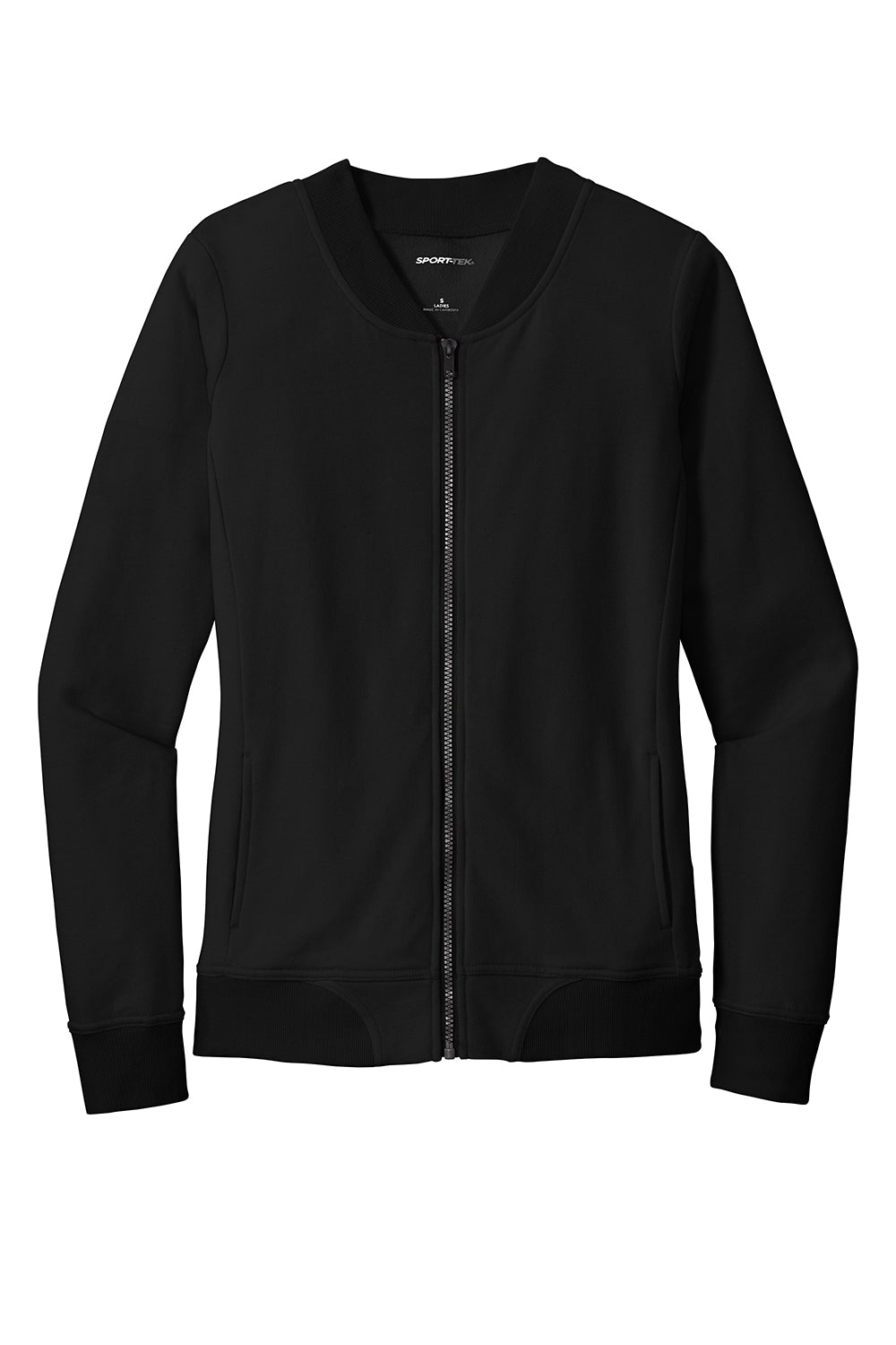 Sport-Tek LST274 Womens French Terry Full Zip Bomber Jacket Black Flat Front