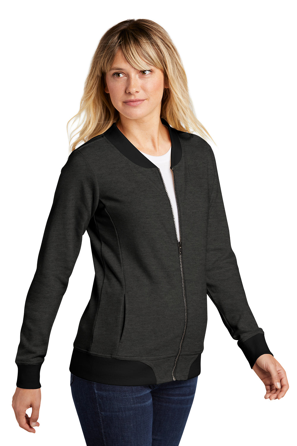 Sport-Tek LST274 Womens French Terry Full Zip Bomber Jacket Heather Black Model 3q