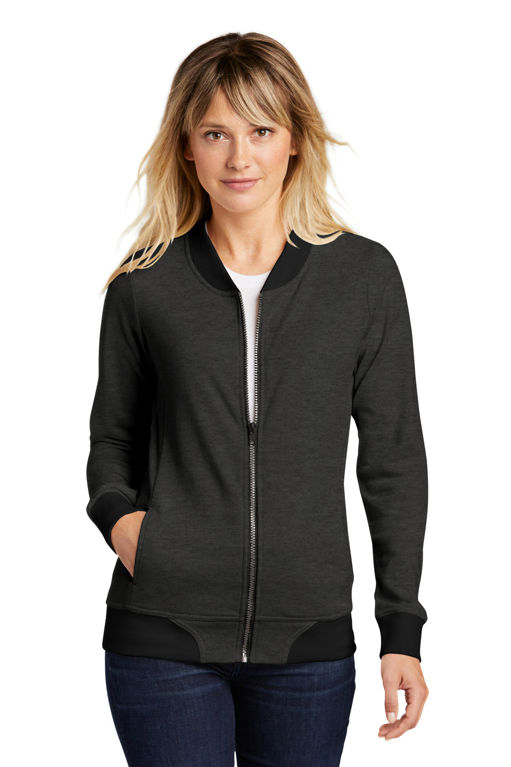 Sport-Tek LST274 Womens French Terry Full Zip Bomber Jacket Heather Black Model Front