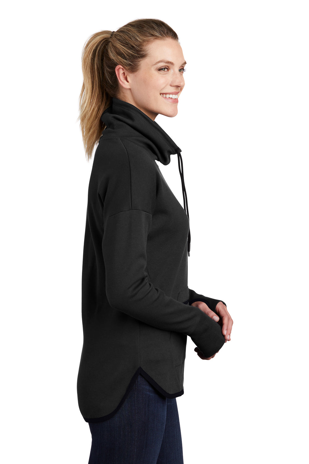 Sport-Tek LST280 Womens Triumph Fleece Cowl Neck Sweatshirt Black Model Side