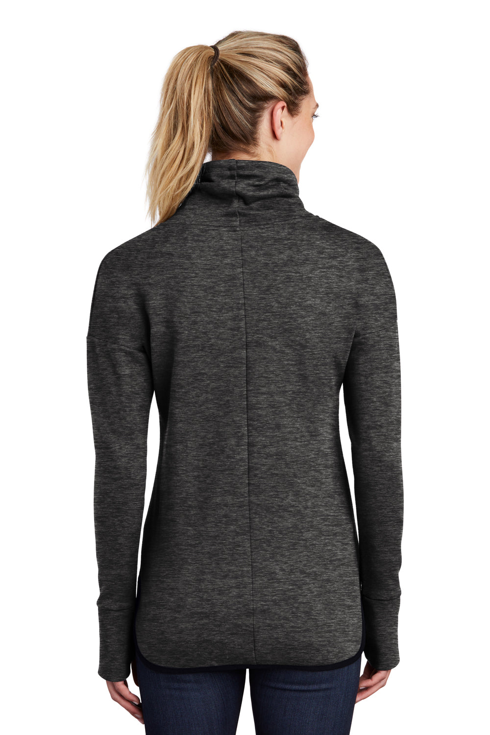 Sport-Tek LST280 Womens Triumph Fleece Cowl Neck Sweatshirt Heather Black Model Back