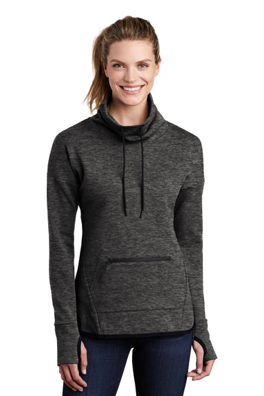 Sport-Tek LST280 Womens Triumph Fleece Cowl Neck Sweatshirt Heather Black Model Front