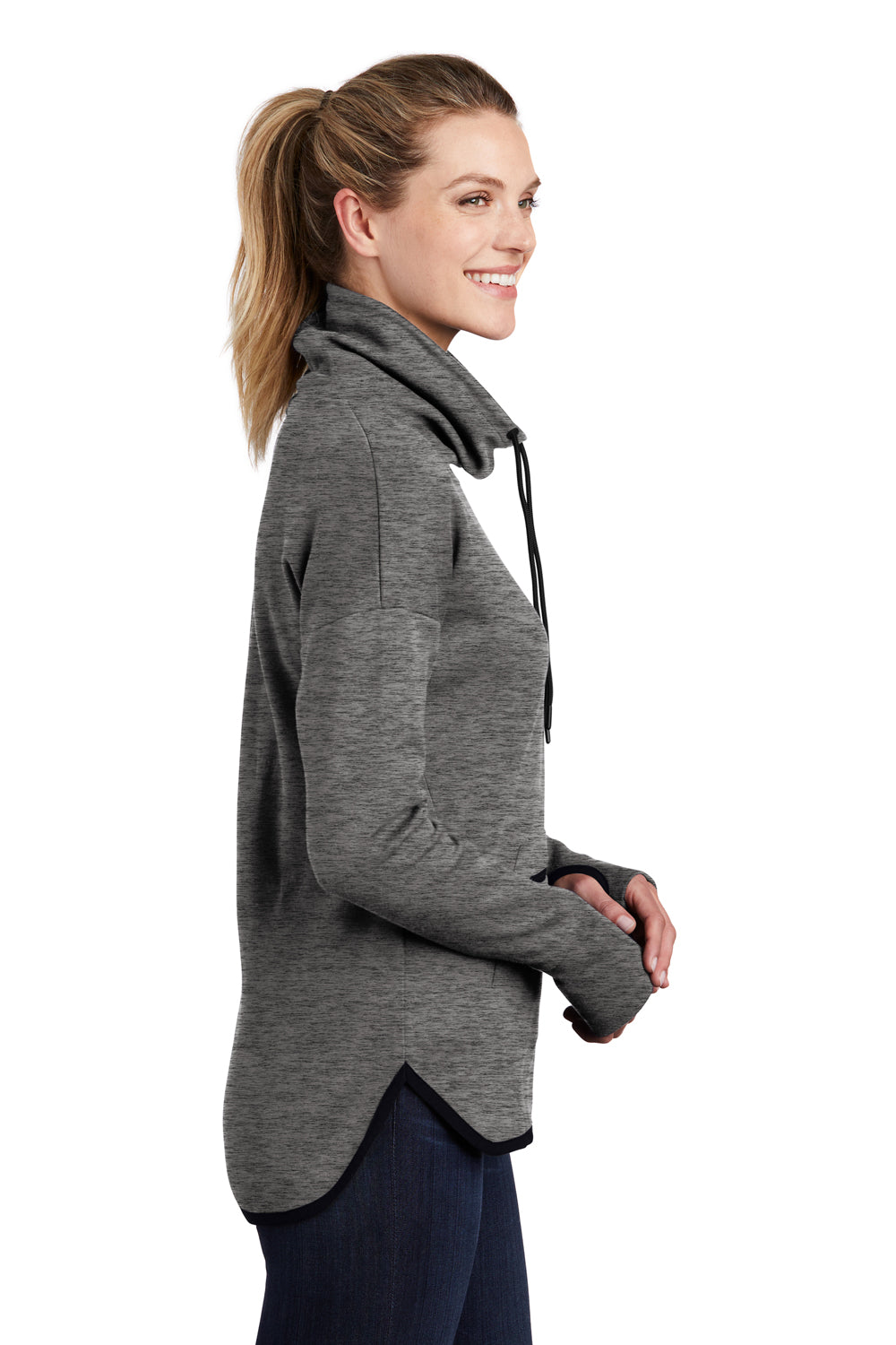 Sport-Tek LST280 Womens Triumph Fleece Cowl Neck Sweatshirt Heather Dark Grey Model Side