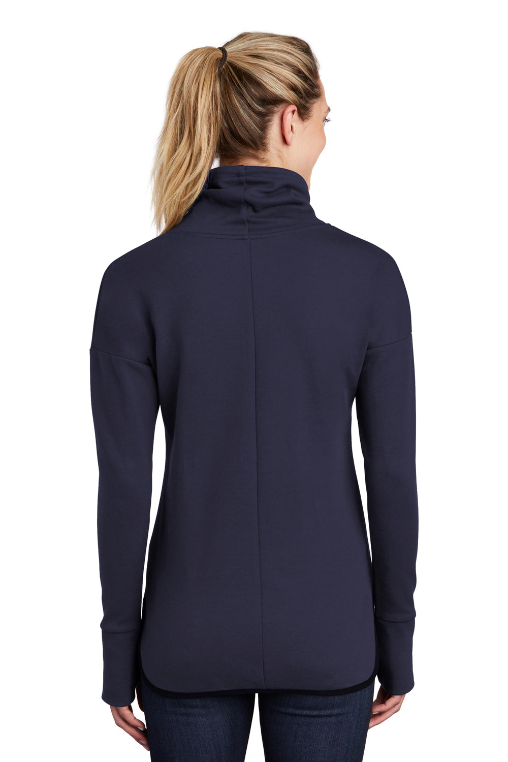 Sport-Tek LST280 Womens Triumph Fleece Cowl Neck Sweatshirt Navy Blue Model Back