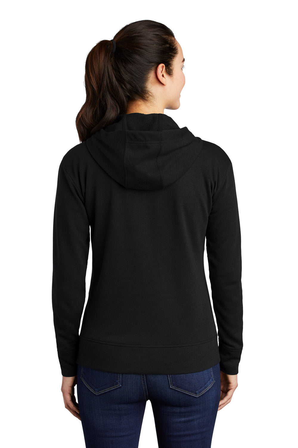 Sport-Tek LST293 Womens Moisture Wicking Fleece Full Zip Hooded Sweatshirt Hoodie Black Model Back