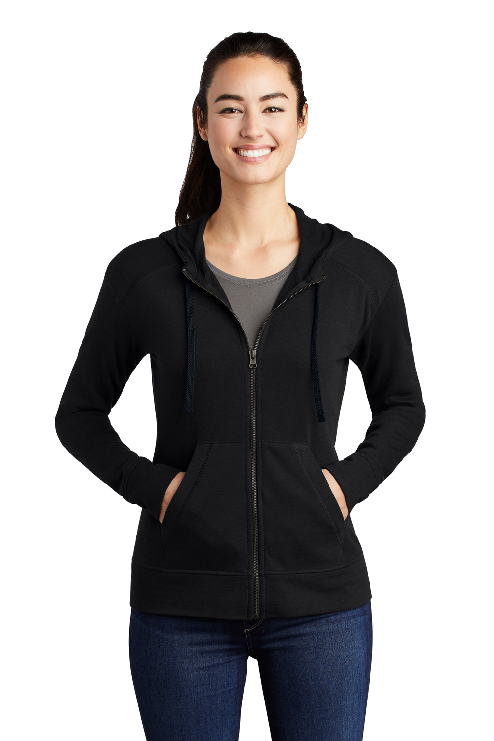 Sport-Tek LST293 Womens Moisture Wicking Fleece Full Zip Hooded Sweatshirt Hoodie Black Model Front