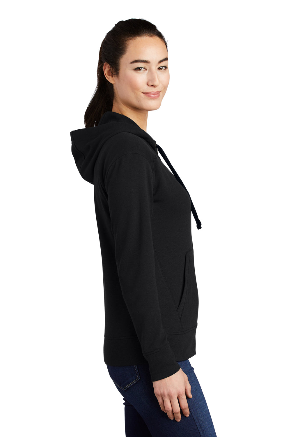 Sport-Tek LST293 Womens Moisture Wicking Fleece Full Zip Hooded Sweatshirt Hoodie Black Model Side