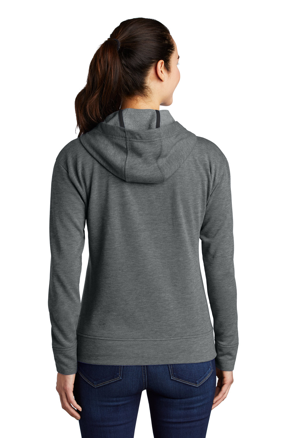 Sport-Tek LST293 Womens Moisture Wicking Fleece Full Zip Hooded Sweatshirt Hoodie Heather Dark Grey Model Back