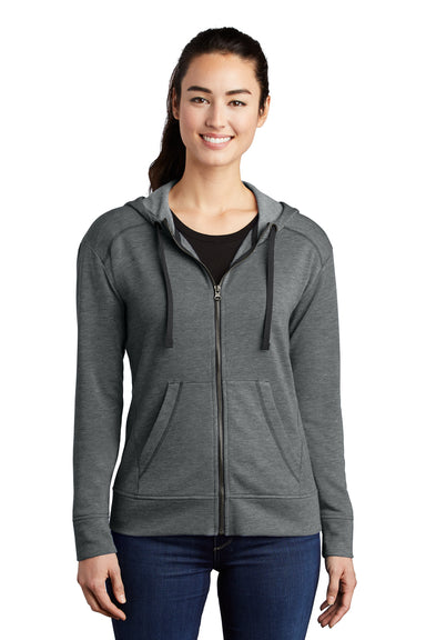 Sport-Tek LST293 Womens Moisture Wicking Fleece Full Zip Hooded Sweatshirt Hoodie Heather Dark Grey Model Front