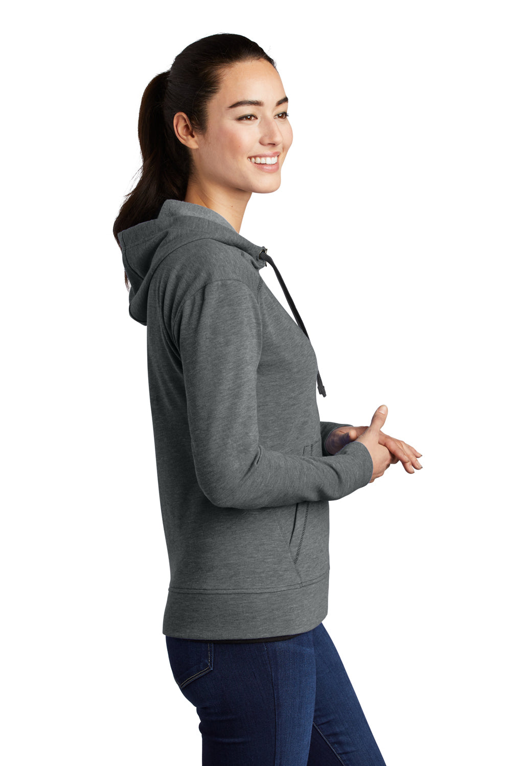 Sport-Tek LST293 Womens Moisture Wicking Fleece Full Zip Hooded Sweatshirt Hoodie Heather Dark Grey Model Side