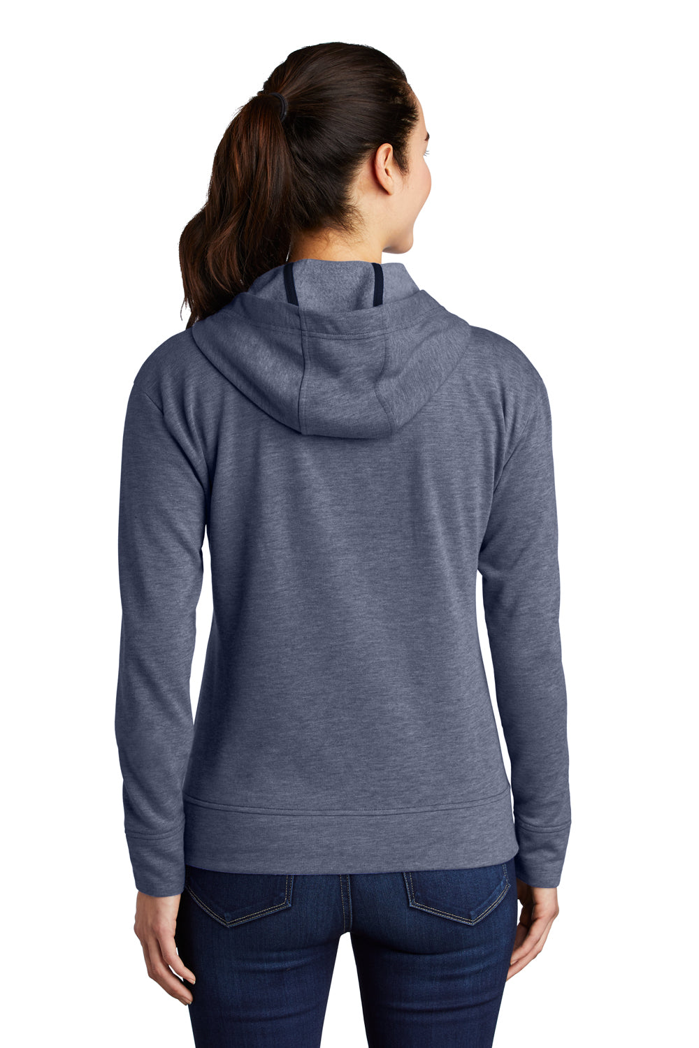 Sport-Tek LST293 Womens Moisture Wicking Fleece Full Zip Hooded Sweatshirt Hoodie Heather True Navy Blue Model Back